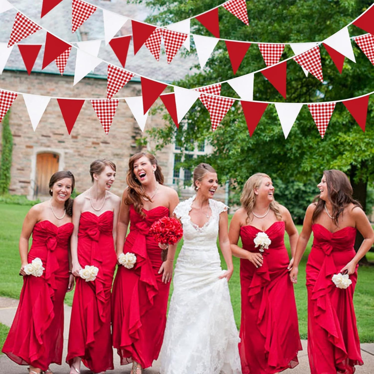 32Ft Red Party Decorations Red Plaid Checkered White Triangle Flag Gingham Pennant Bunting Fabric