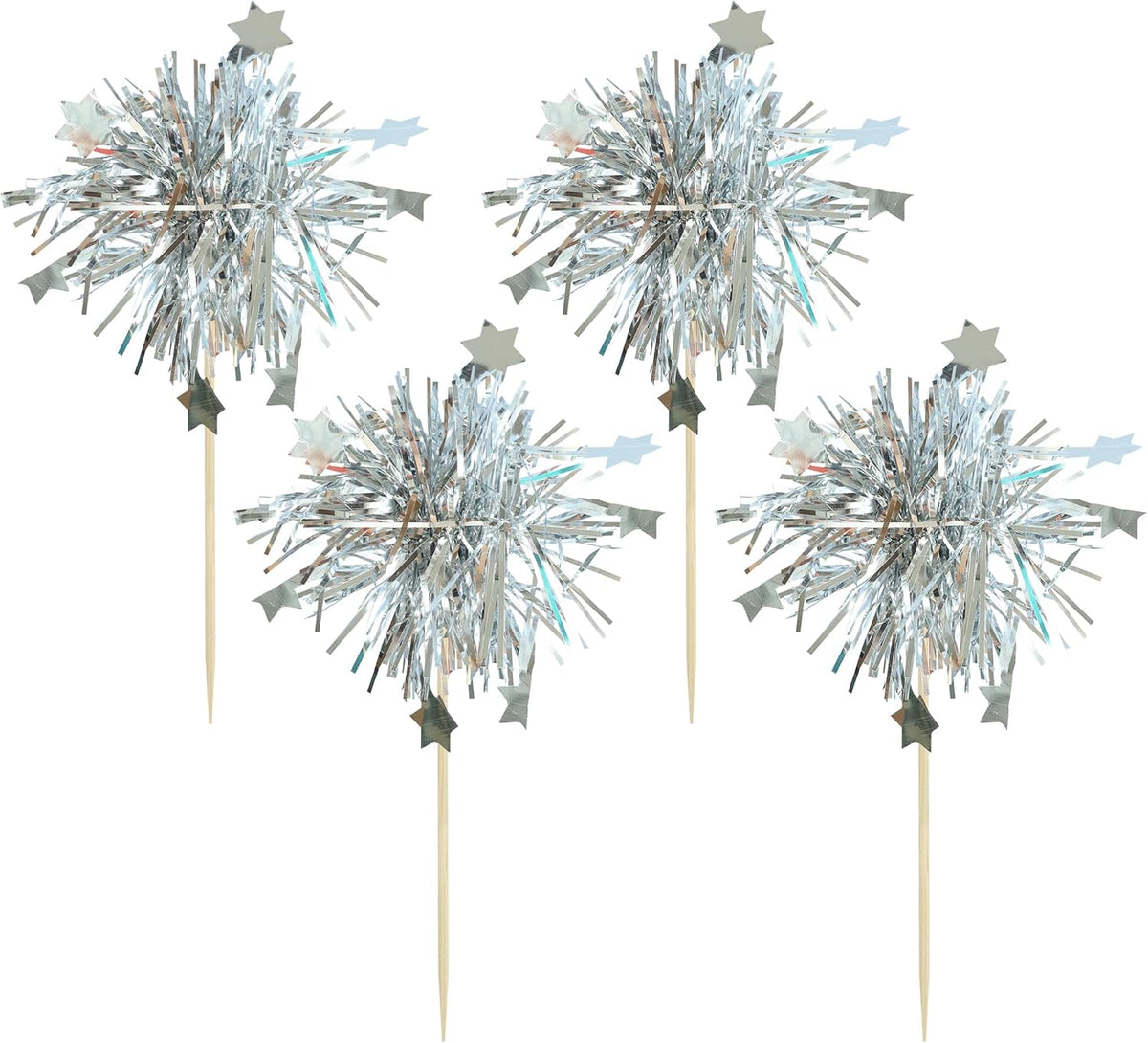 Gyufise 30Pcs Foil Firework Cupcake Toppers Sparkle Tinsel Star Cake Toppers Tinsel Drink Cake
