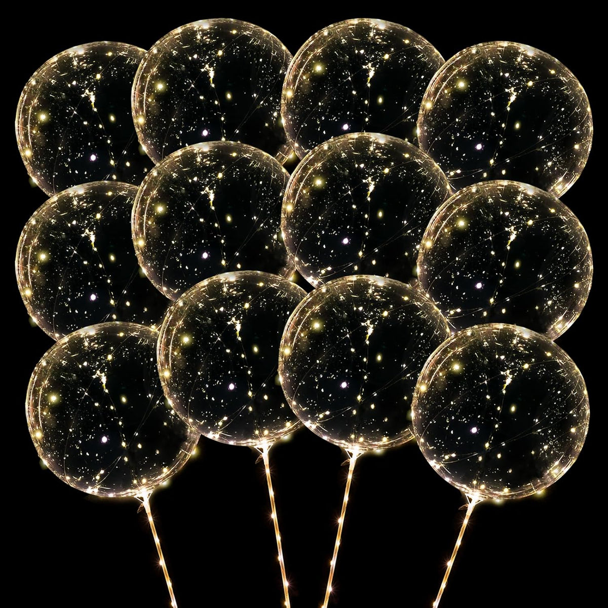12 Pack Big Light Up BOBO Led Balloons with Sticks - Clear Balloons with Lights, Glow in the Dark