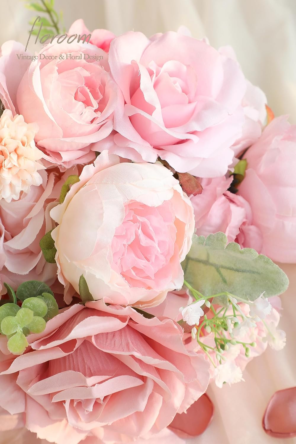 Floroom Blush Artificial Flowers Fake Roses Peonies Dahlia and Greenery Combo Box Set for DIY Pink