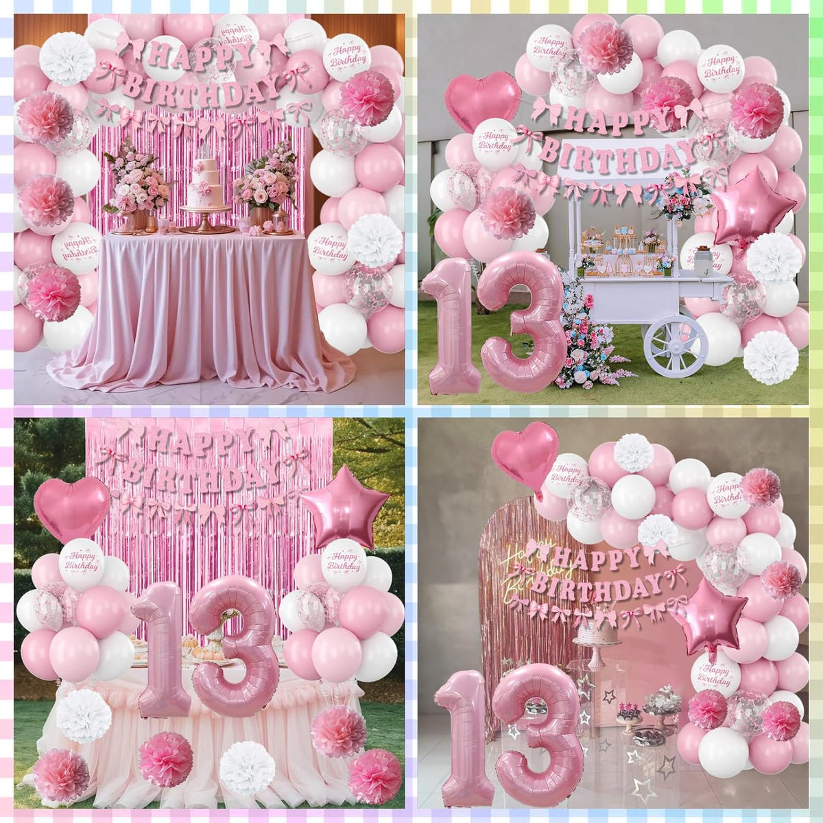 13th Birthday Decorations for Girls Pink Number 13 Balloon Bow Coquette Happy Birthday Banner