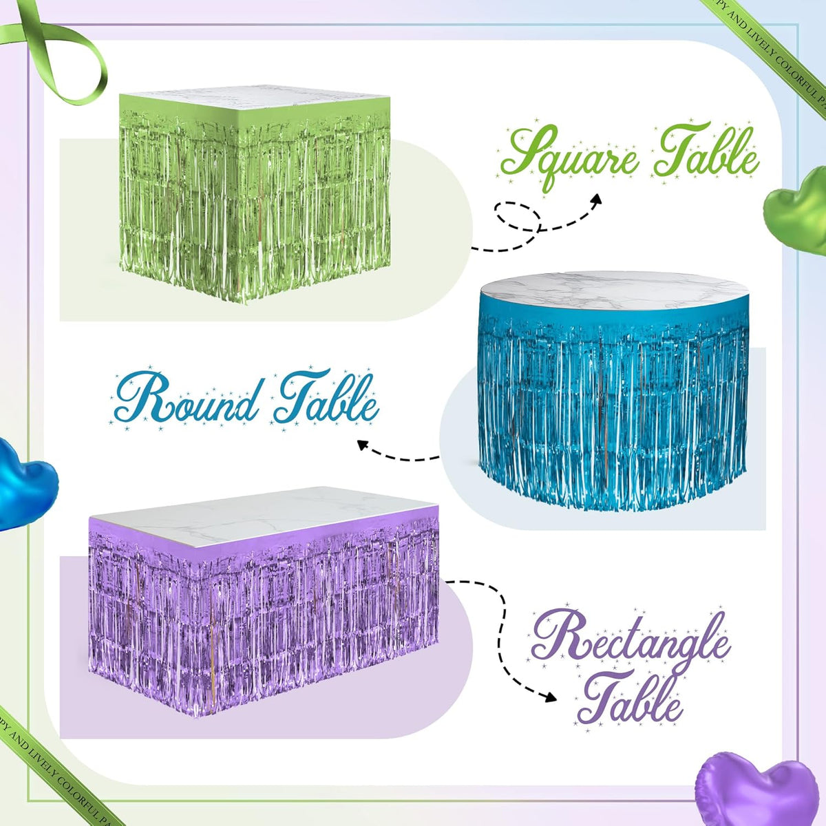 3 Pack Blue Green Purple Table Skirts, 29x108" Metallic Foil Tinsel Fringe Table Skirt for