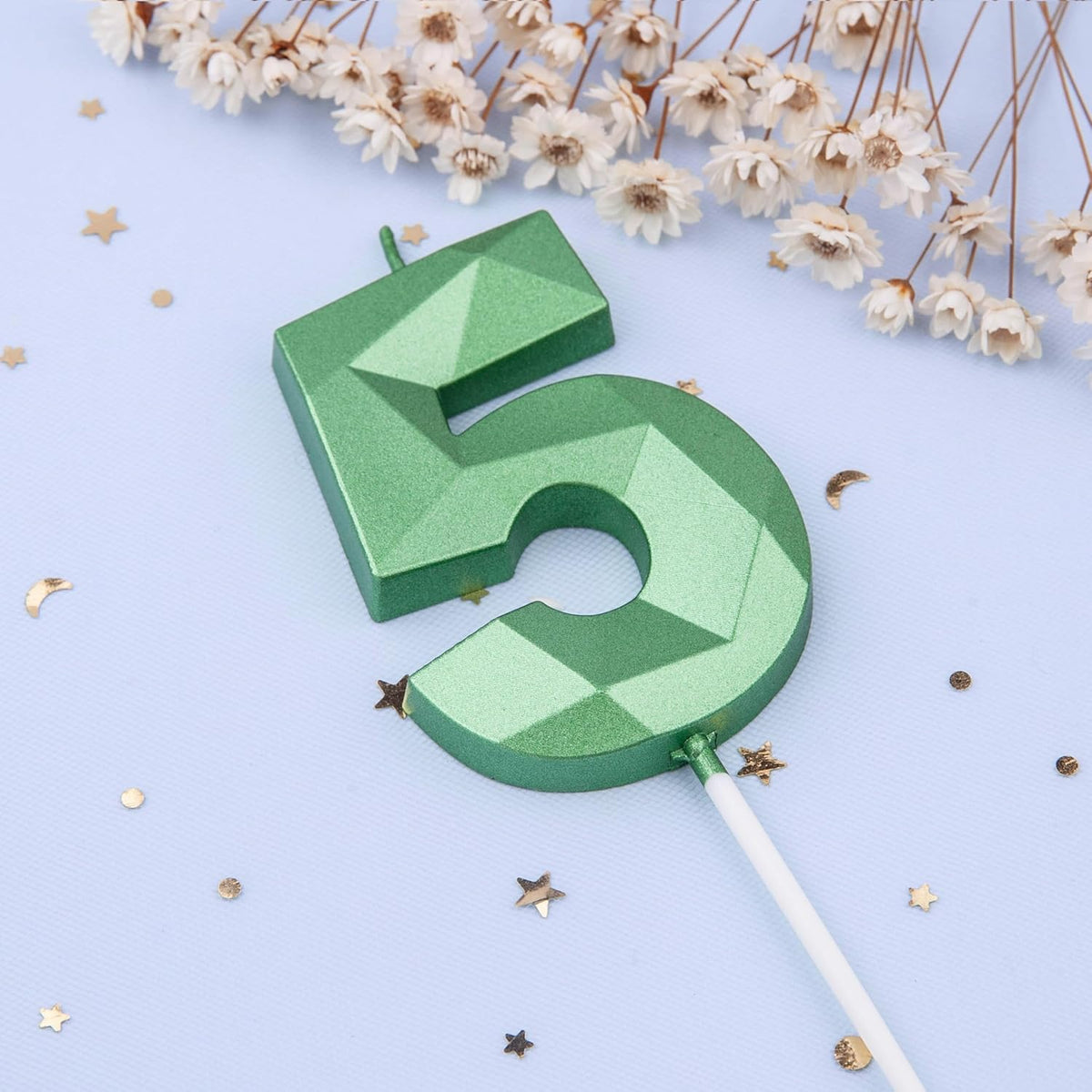 PHD CAKE 2.76 Inch Crystal Green 5 Number Cake Candle, Numeral Birthday Candles, Green Number