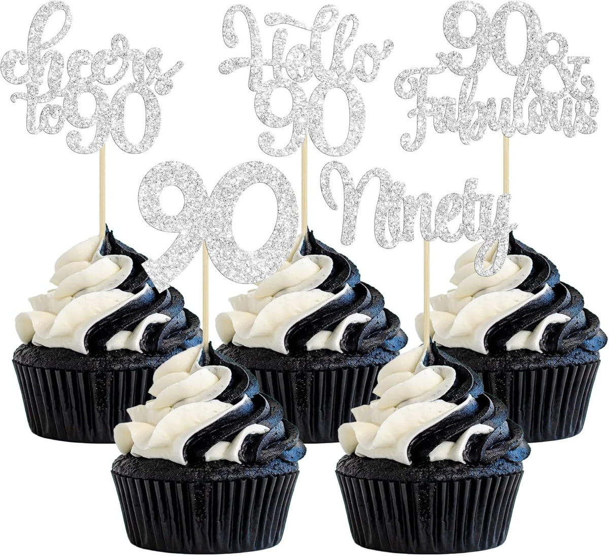 30pcs Happy 90th Birthday Cupcake Toppers - Silver Glitter Ninety Cheers to 90 Years Old Cupcake