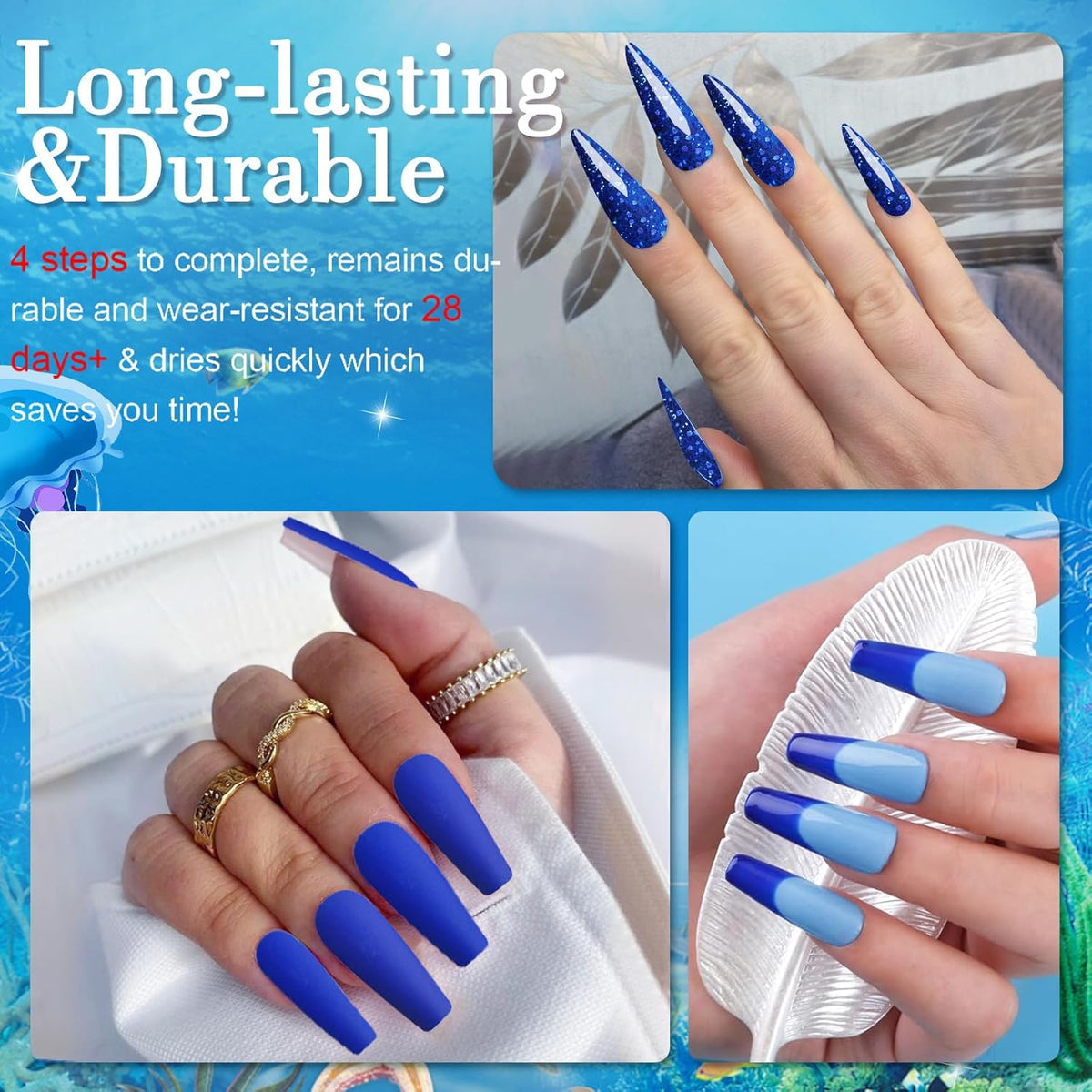 Honey Joy Dip Powder Nail Kit Starter,4 Colors Navy Blue Sky Blue Purple Glitter Dipping Powder