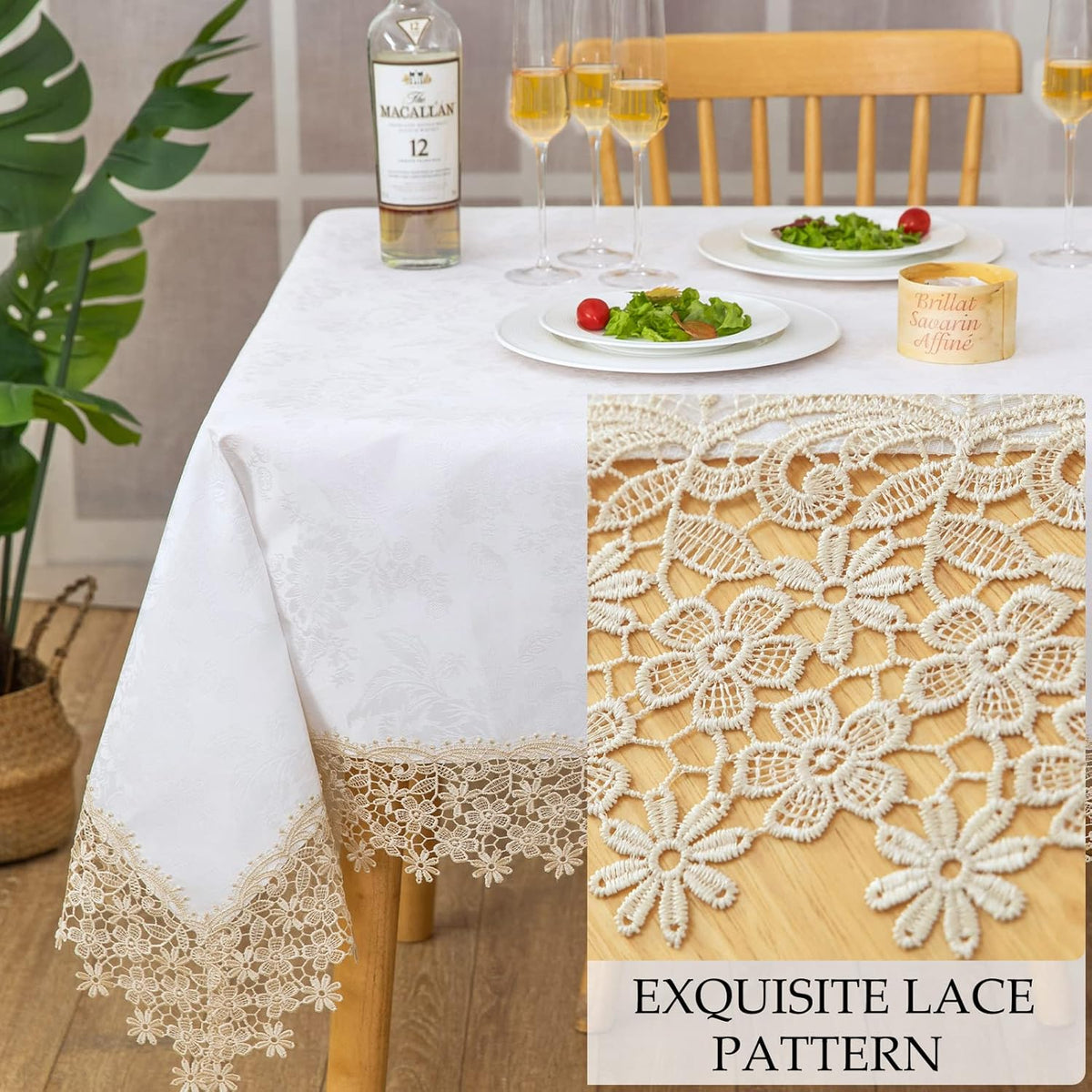 Beige lace Premium Rectangle Farmhouse Tablecloth Waterproof OilProof SpillProof AntiShrink Soft