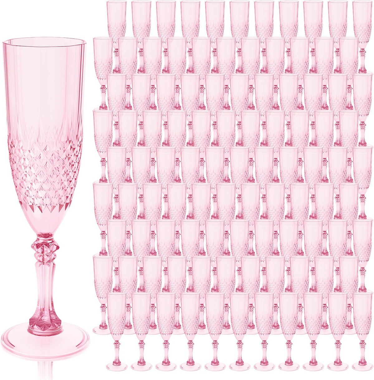 Plastic Champagne Flutes, 100PCS Pink Wine Glasses Goblets Cups Reusable Flute, for Weddings