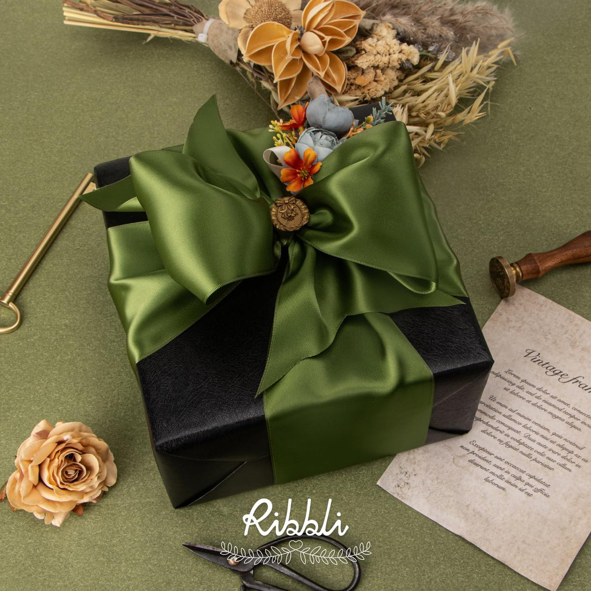 Ribbli Moss Green Satin Ribbon 4 Inch Wide Moss Green Ribbon for Wedding Chair Sash Grand Opening