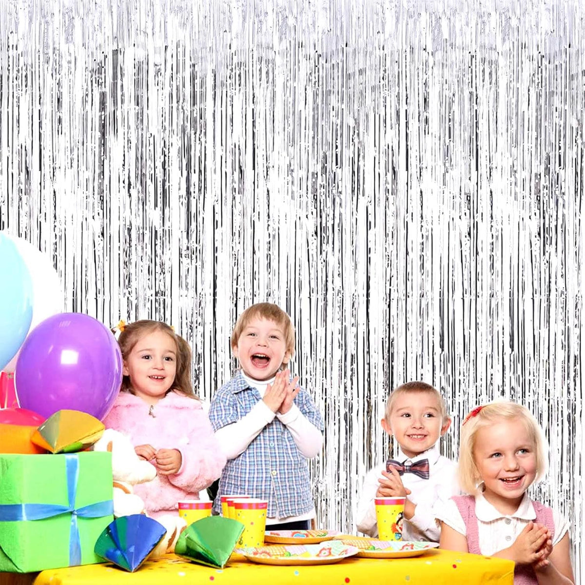 4 Pack Silver Foil Fringe Curtain Backdrop, 3.28Ft x 9.84Ft Metallic Tinsel Streamers Curtains for