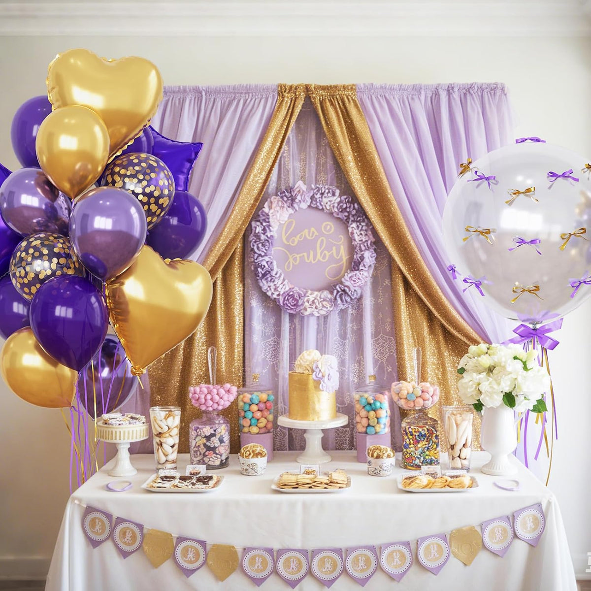 Purple and Gold Balloons Heart Star Mylar Balloon, Metallic Royal Dark Purple and Gold Party