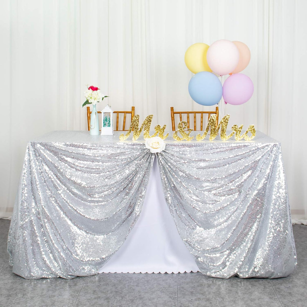 ShinyBeauty Sequin Tablecloth Silver 72''x72'' Square Glitter Table Cover Silver Table Cloths for