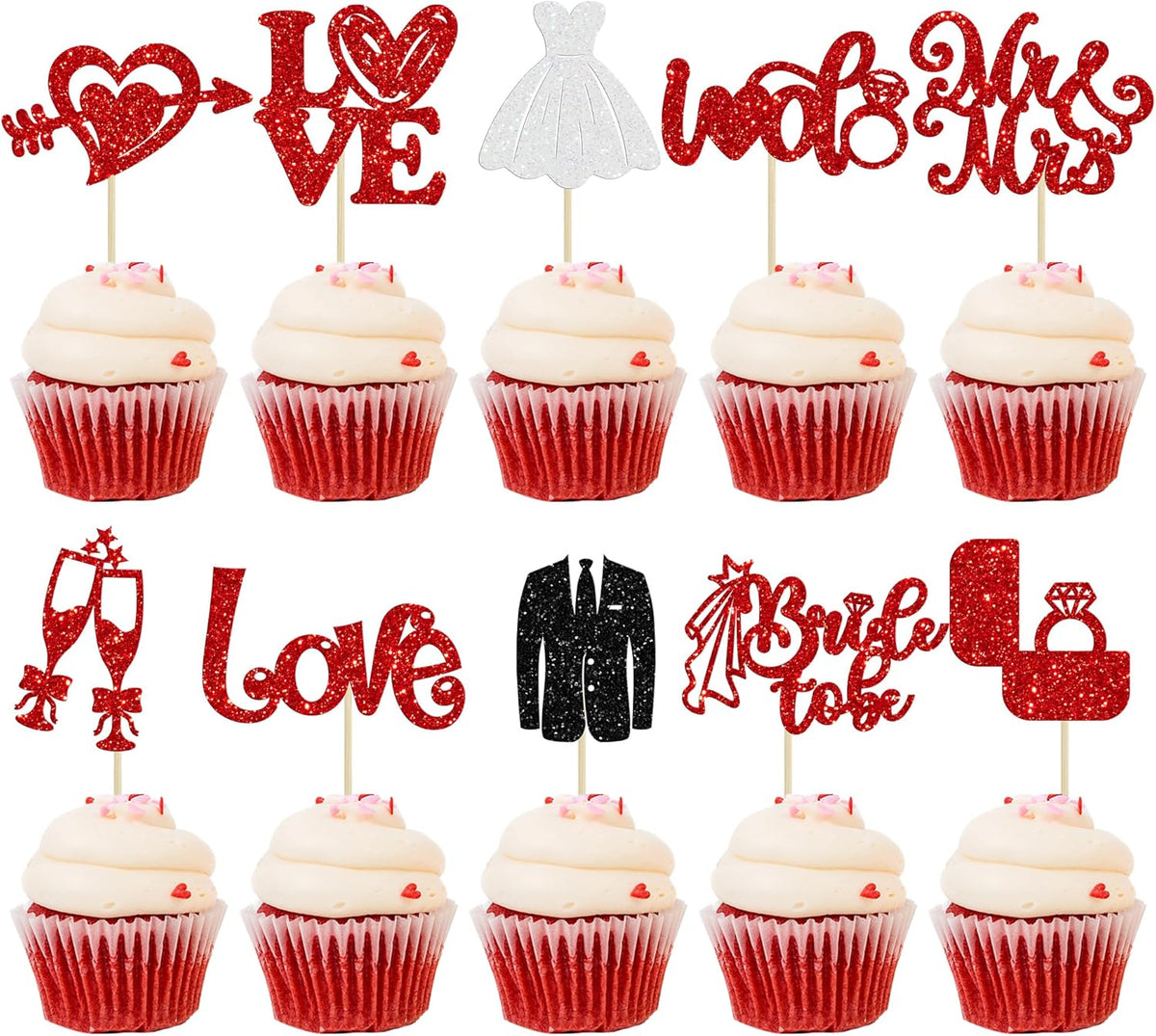 Ephlyn 30Pcs Bride to be Cupcake Toppers Glitter Wedding Cake Topper Decorations I Do Love Heart