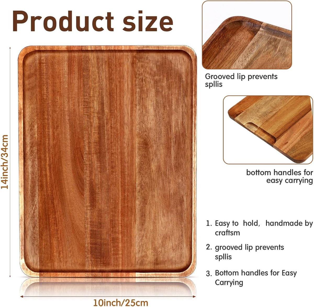 Roowest 5 Pack Solid Acacia Wood Serving Trays for Laser Engraving Rectangular Wooden Board for