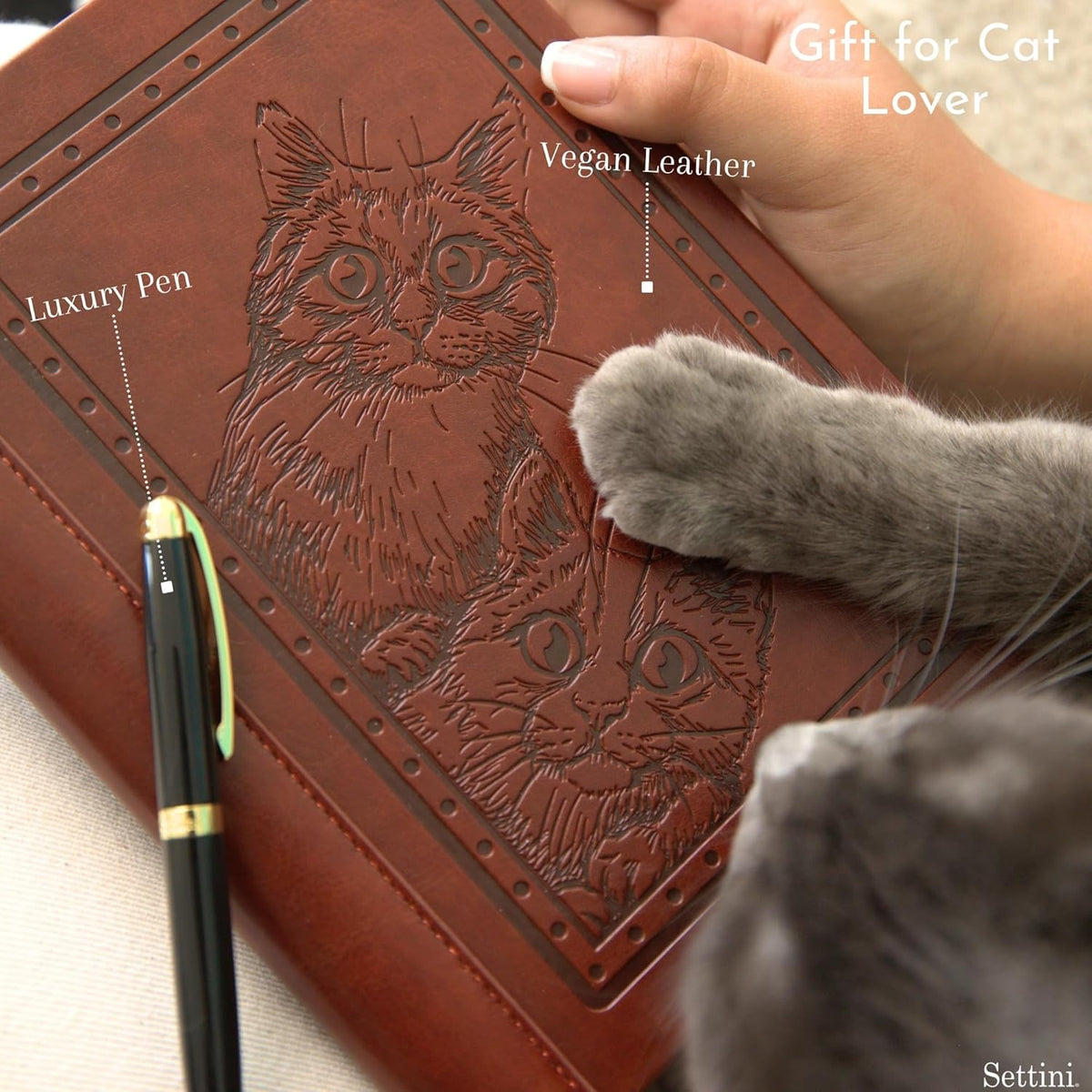 SETTINI® Lined Journal - Cat Journal for Writing Gift Set - Hardcover Vegan Leather, Includes