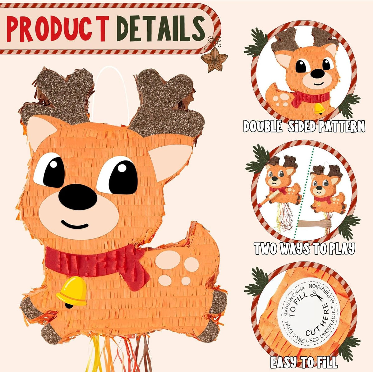 WERNNSAI Christmas Reindeer Pinata - Christmas Elk Decorations Xmas Reindeer Party Games for Kids