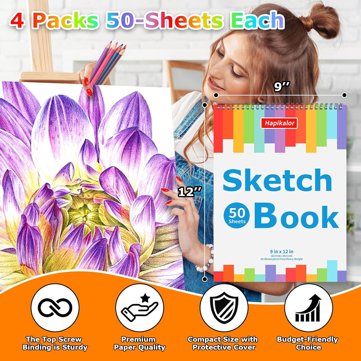 9" x 12" Sketch Book, 4-Pack 50 Sheets Spiral Bound Art Sketchbook, Acid Free Artist Drawing Paper