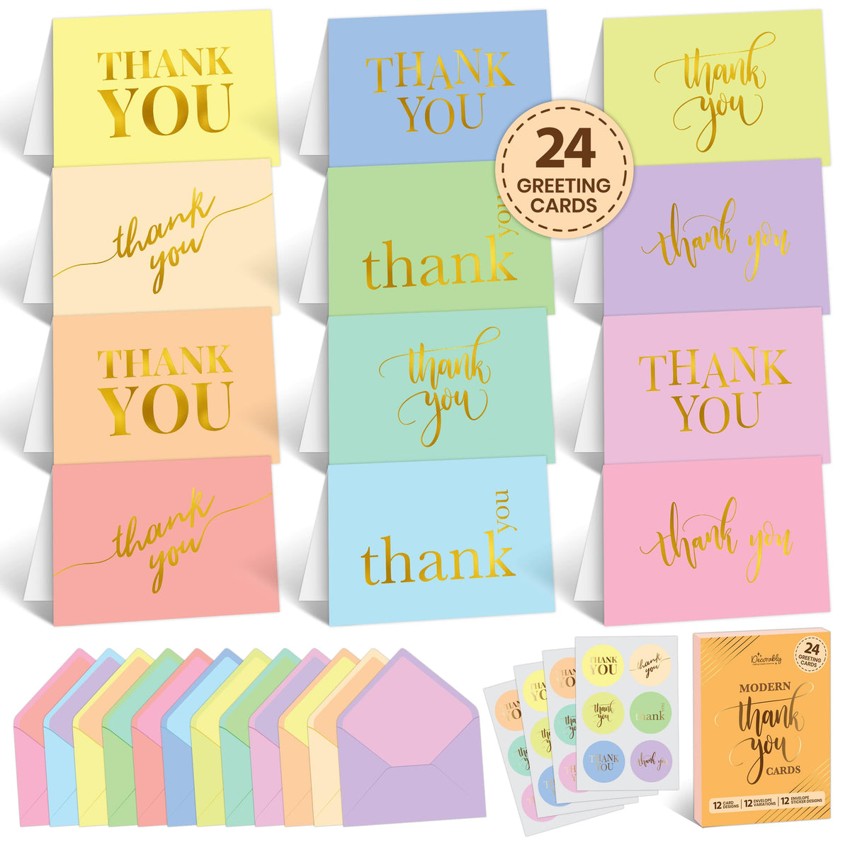 Decorably 24 Pack Gold Foil 6x4in Thank You Cards Kids