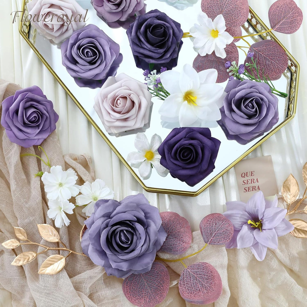 Floweroyal Artificial Flowers Combo Purple Flowers Mix Silk Flowers Fake Roses with Stems for DIY