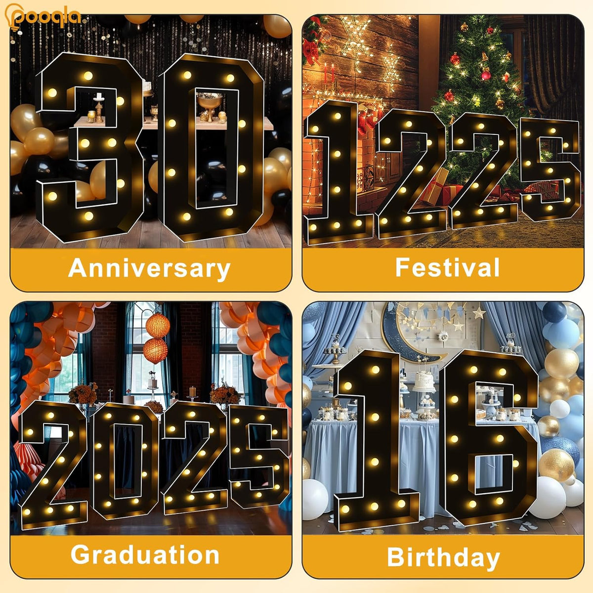 Pooqla 3FT Marquee Light Up Numbers, Black Lighted Party Decor for her him Women Men, Giant Mosaic