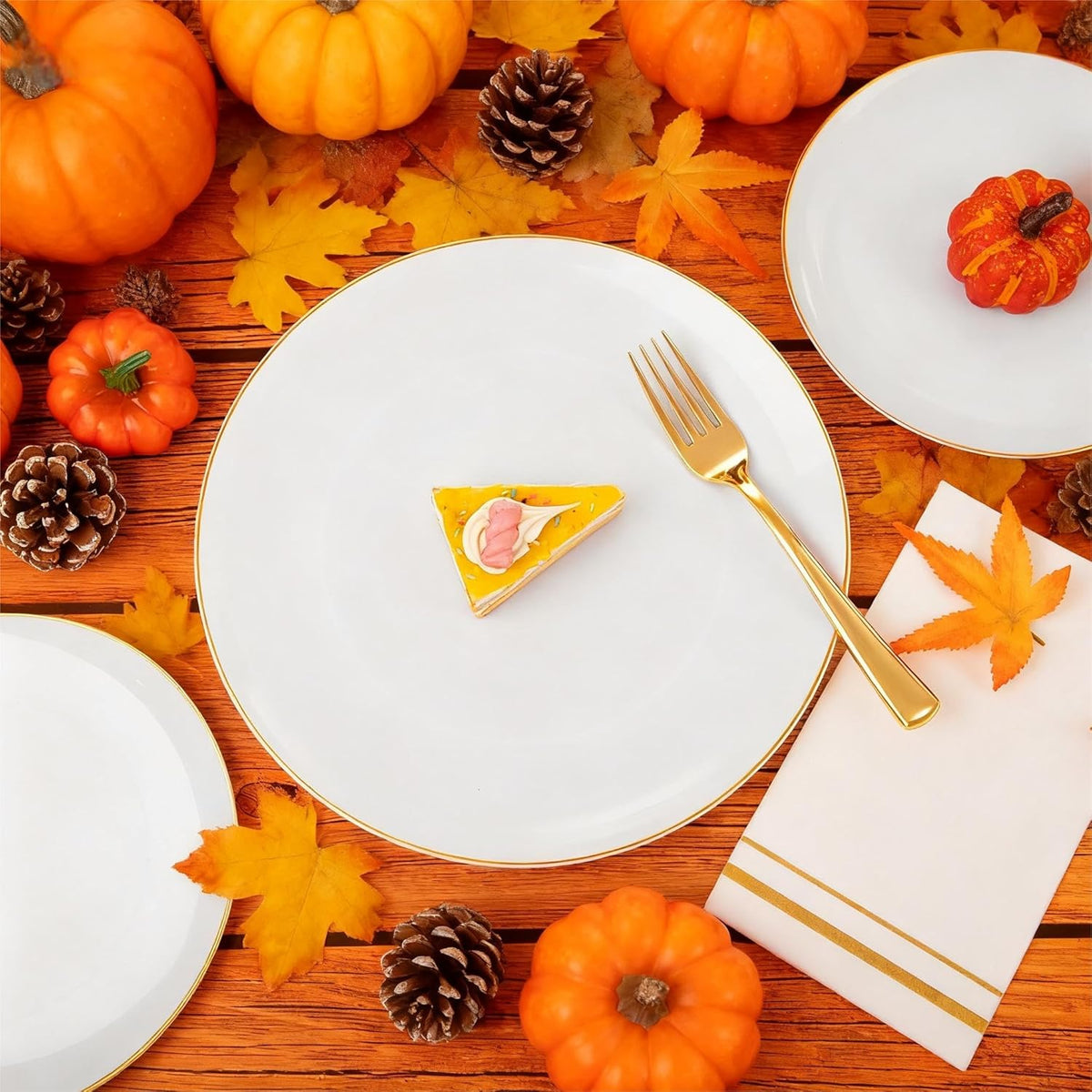 Festiva 176Pcs White and Gold Plastic Plates - White with Gold Rim Fall Dinnerware Set - 25Guest