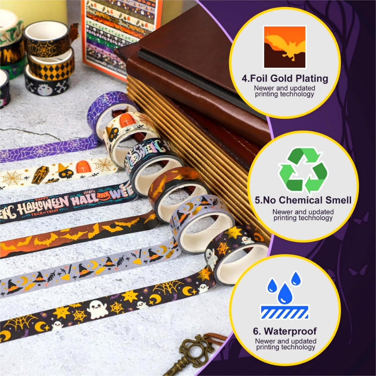 16 Rolls Halloween Washi Tape Holiday Masking Tape Stickers Glod Foil Decorative Tape for Scrapbook