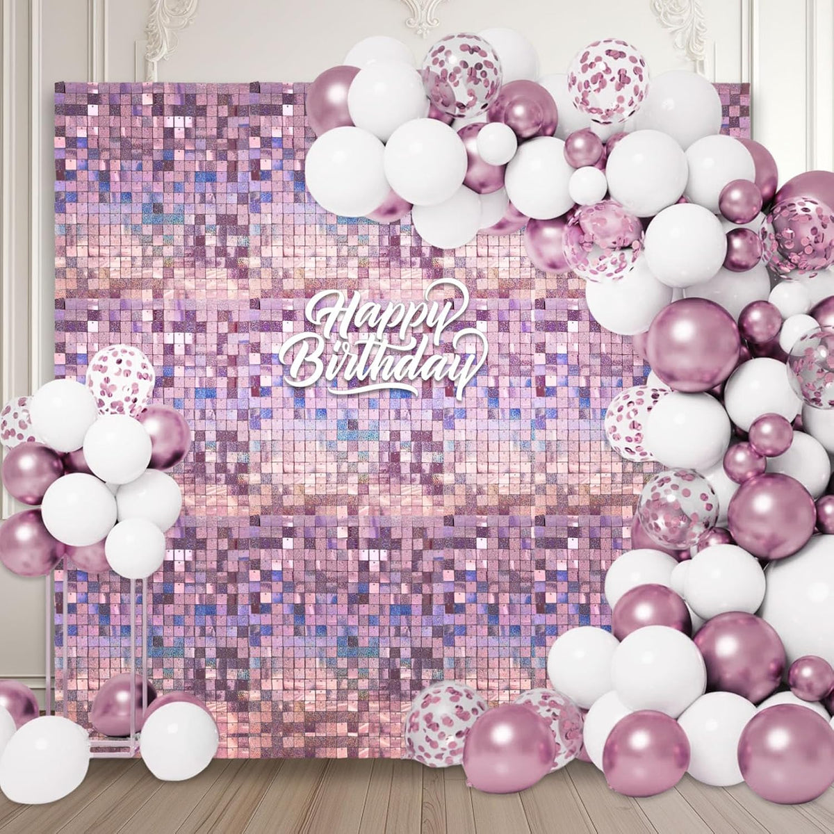 12PCS Light Pink Shimmer Wall Backdrop, Laser Square Sequin Photo Backdrops Panel, Glitter Wall