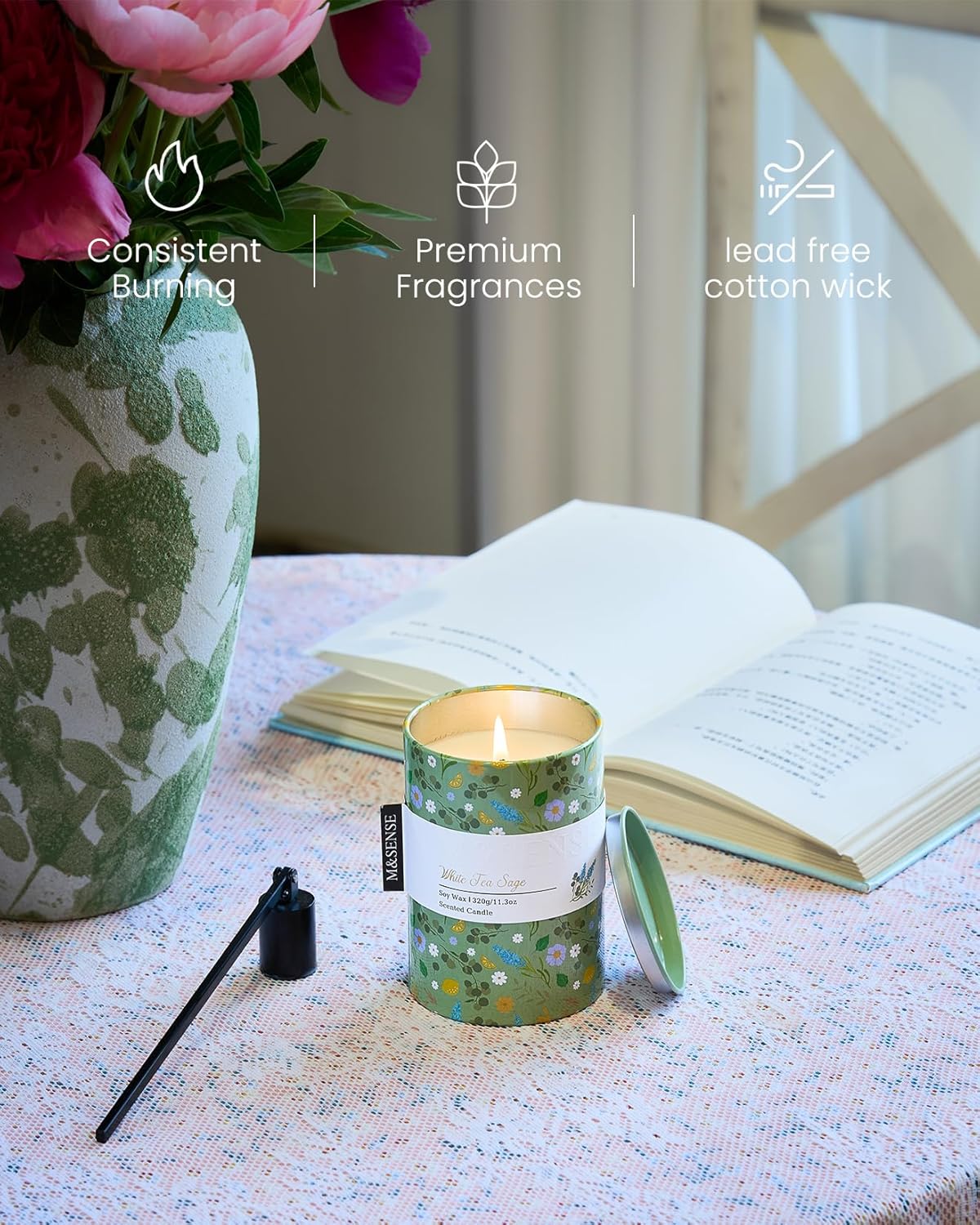 M&SENSE White Tea Sage Scented Candle, Medium Jar Candle 11.3oz Natural Soy Wax for Home Scented