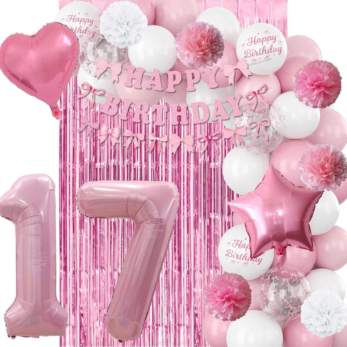 17th Birthday Decorations for Girls Pink Number 17 Balloon Bow Coquette Happy Birthday Banner