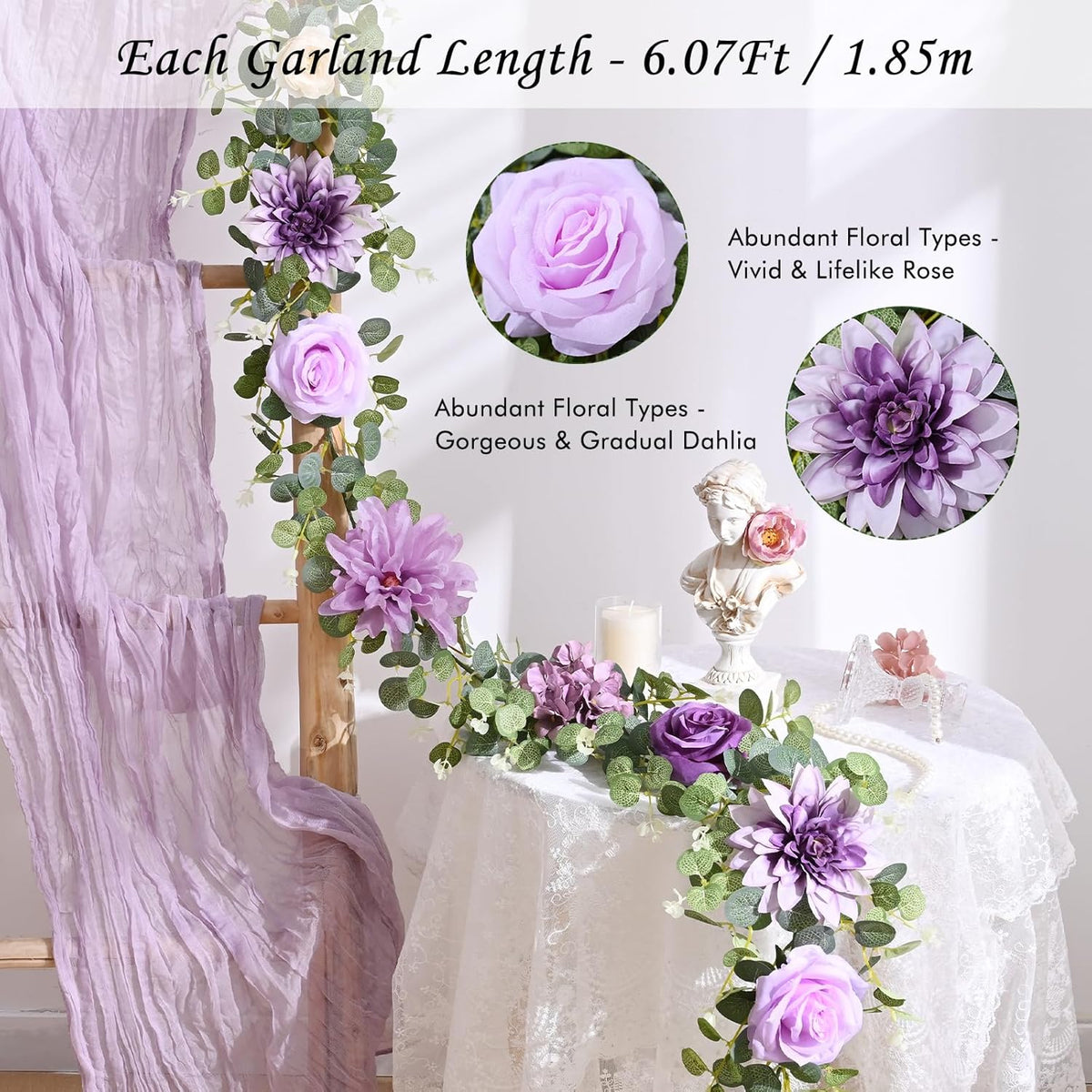 Waipfaru 2 Pcs Flower Garland, 6.07Ft Eucalyptus With Flowers, Rose Floral Vines for Wedding