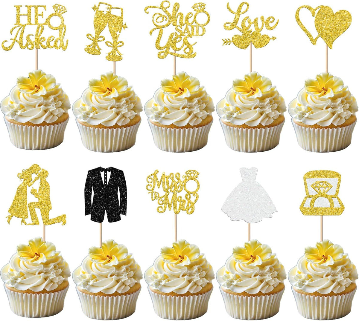 30 Pack Bride to be Cupcake Toppers Glitter Diamond Ring I Do Love Cupcake Picks Miss to Mrs He