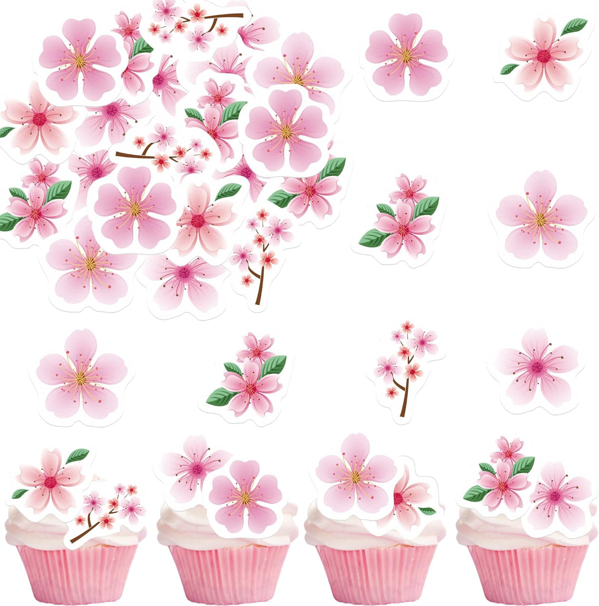 48PCS Edible Cherry Blossoms Cupcake Toppers Pink Edible Cherry Flowers Cake Decorations Wafer