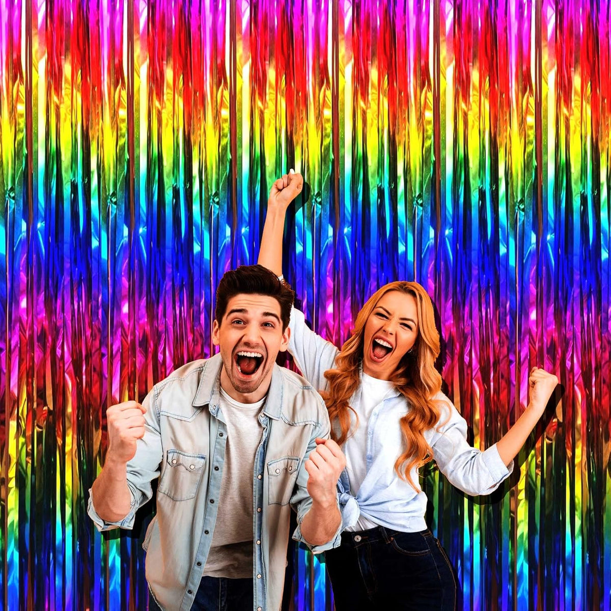 4 Pack Rrainbow Foil Fringe Curtain Backdrop, 3.28Ft x 9.84Ft Colorful Metallic Tinsel Streamers