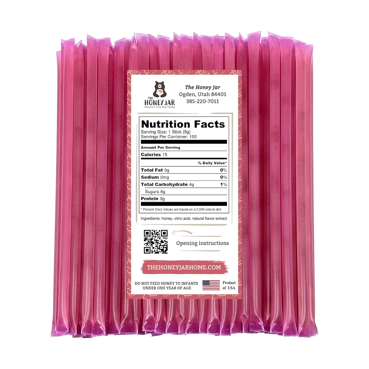 The Honey Jar Raspberry Flavored Honey Sticks - Pure Honey Straws For Tea, Coffee, or a Healthy