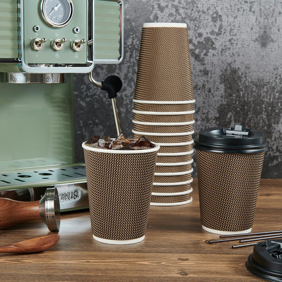 LITOPAK 80 Pack 12 oz Paper Coffee Cups, Insulated Ripple Wall Hot Coffee Cups with Lid and Straws