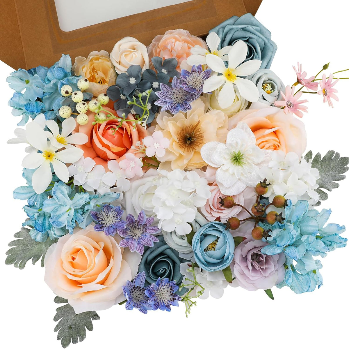Floweroyal Artificial Flowers Combo Fairy Blue Flowers Mix Silk Flowers Fake Roses with Stems for