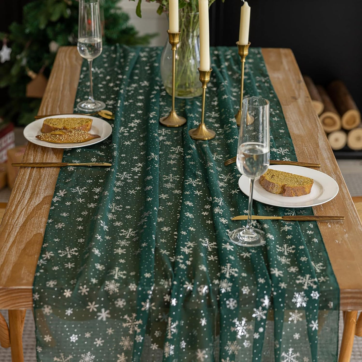 Silvery Snowflake Metallic Print Tulle Christmas Table Runner, Seasonal Winter Kitchen Dining Table
