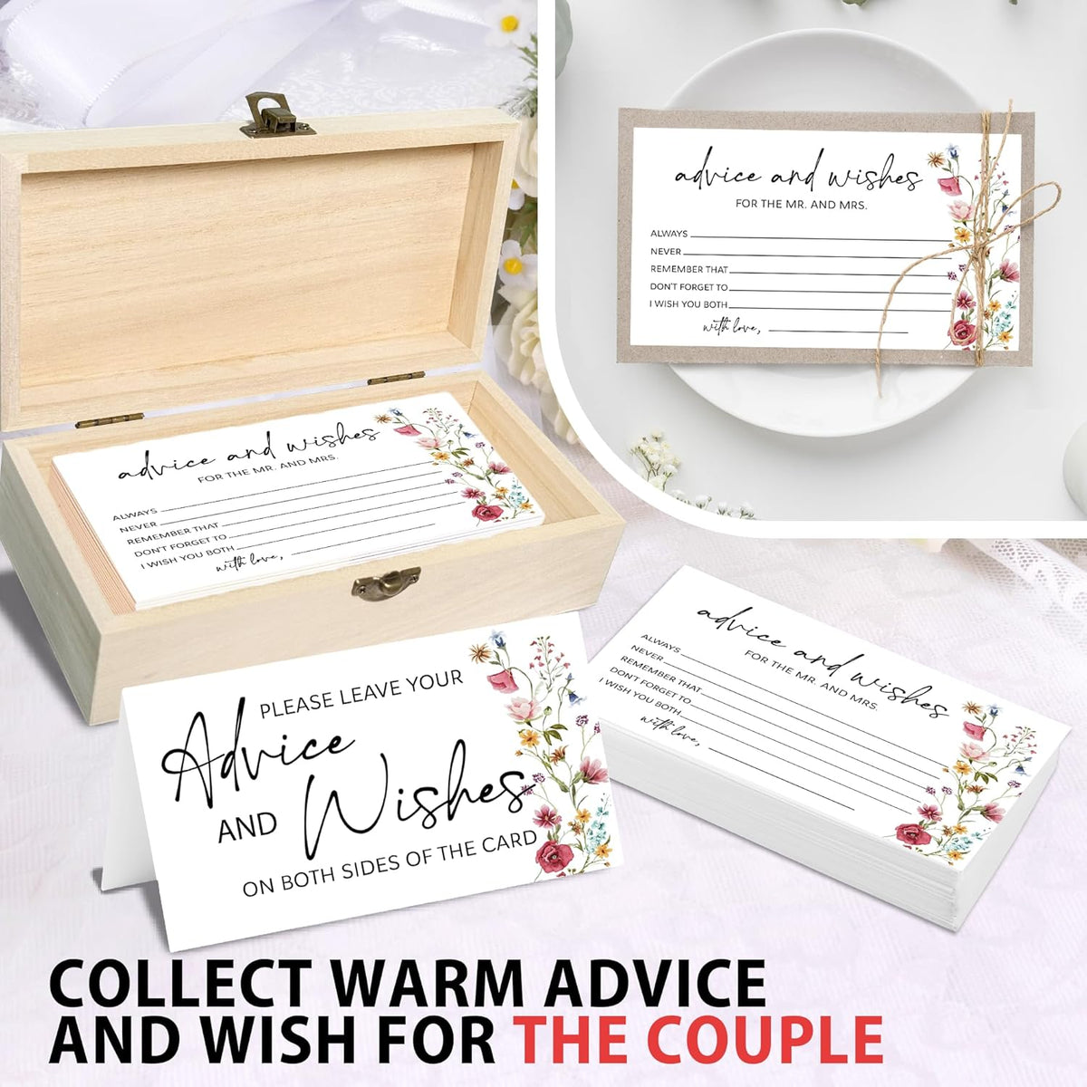 Wildflower Advice and Wishes for the Mr and Mrs - 50 Packs Wedding Advice Cards Bridal Shower Game