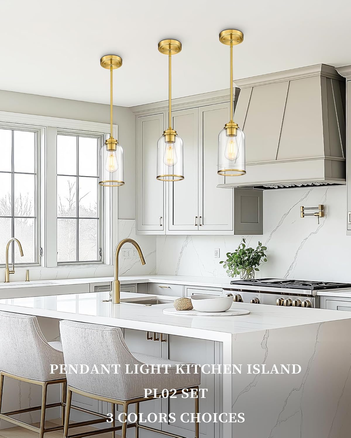 LIROUVET 2 Pack Pendant Lights, Vintage Hanging Lights, Brushed Gold Pendant Lights Kitchen Island