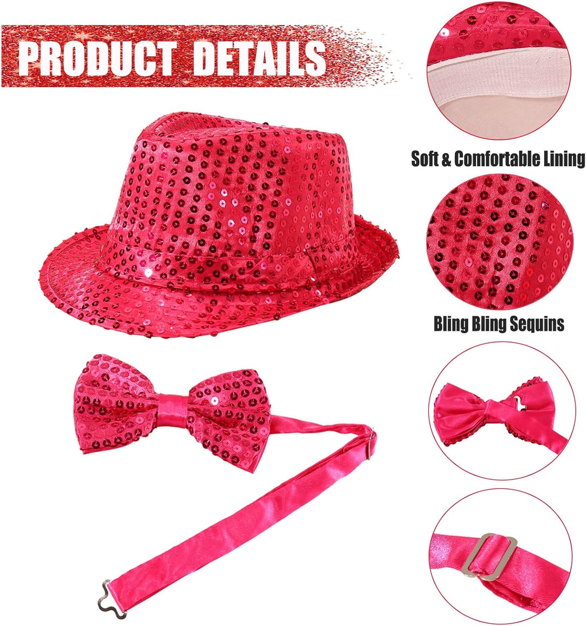 10 Pcs Unisex Sequin Fedora Hat Sequin Bow Ties Set Bling Retro Dance Jazz Cap Funky Party Costume