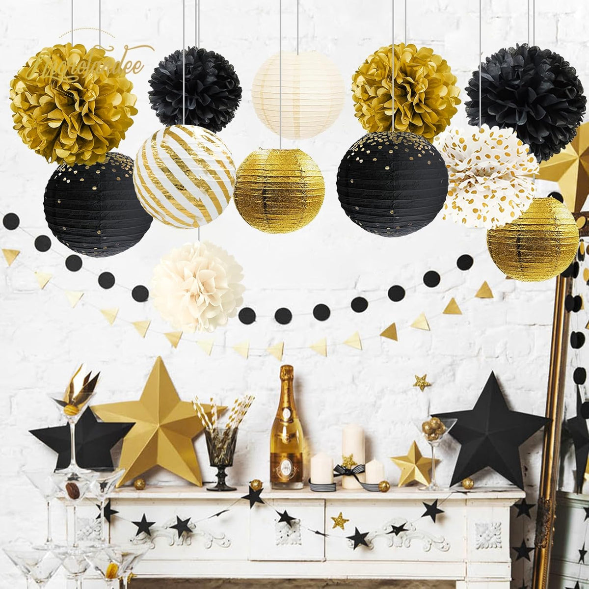 NICROLANDEE Black Gold Party Decorations,12PCS Paper Lantern Tissue Pom Poms Black and Gold Hanging