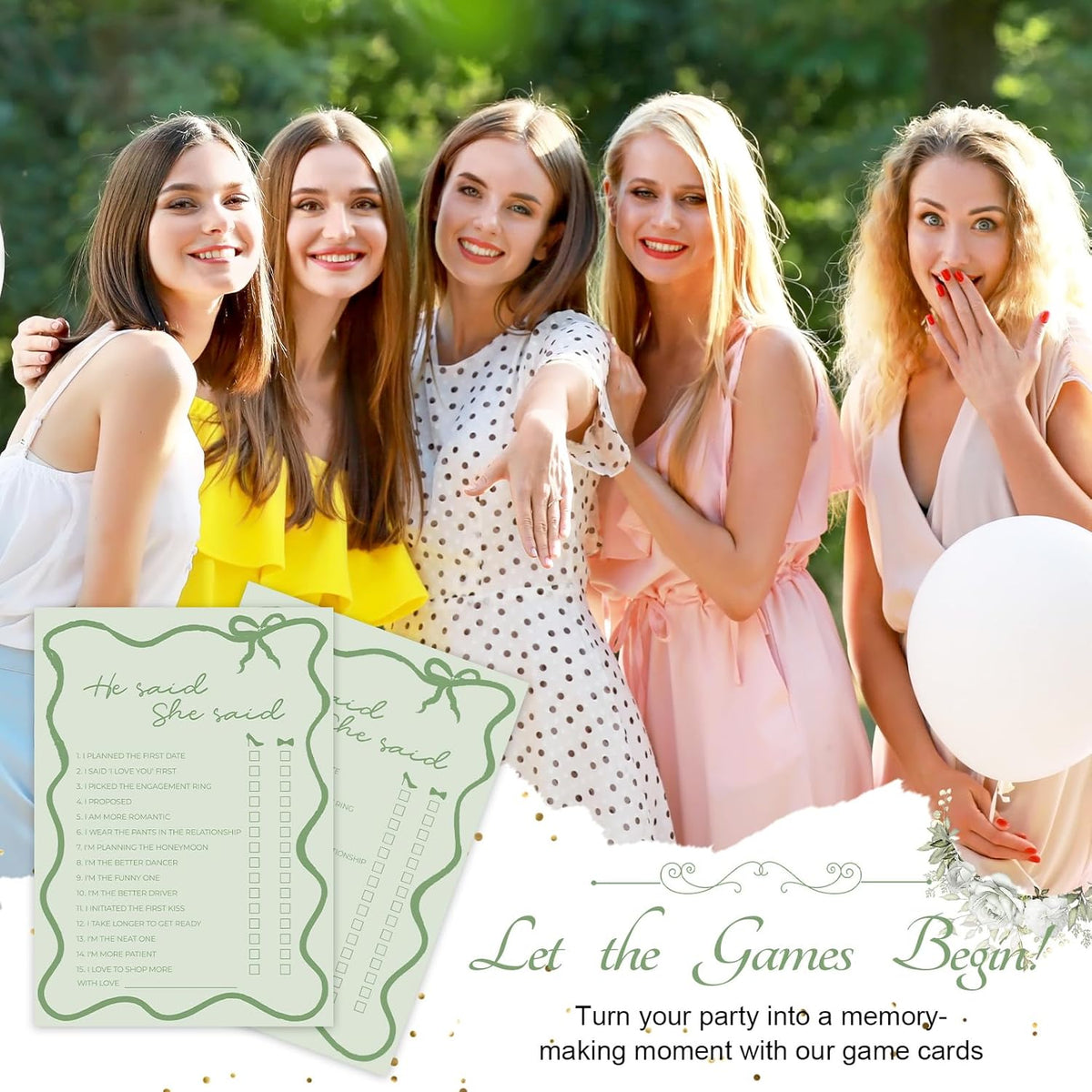 DEEKA 30 PCS Bridal Shower Games Card for 30 Guests Sage Green Wavy Border Ribbon Bow Funny Wedding