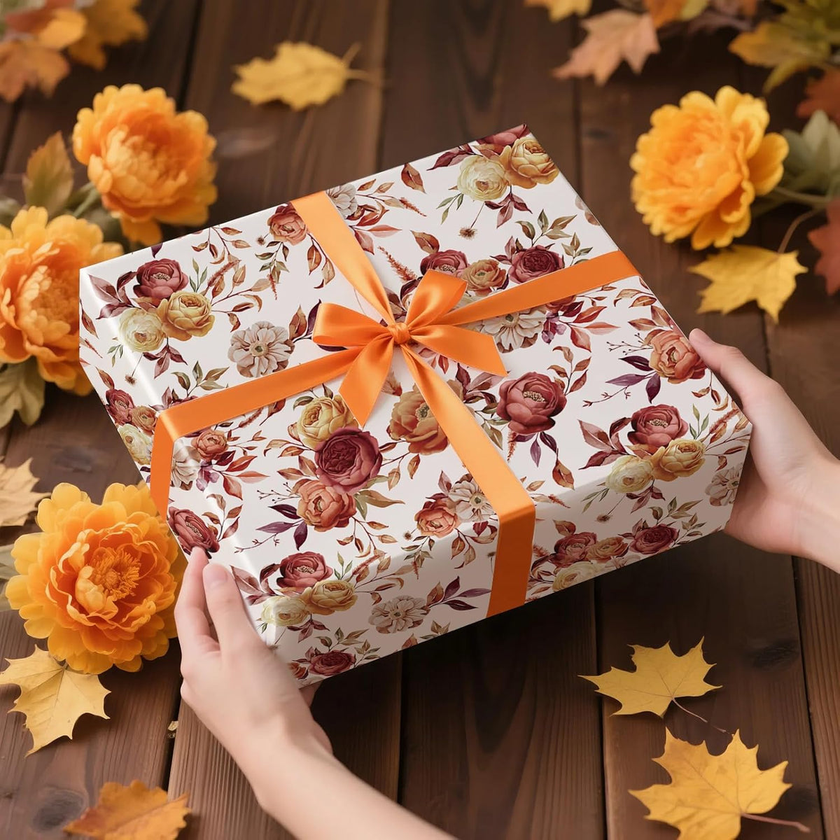 RUSPEPA Fall Floral Wrapping Paper Roll for Women Girls, Mini Roll, Vintage Rose and Autumn Bloom