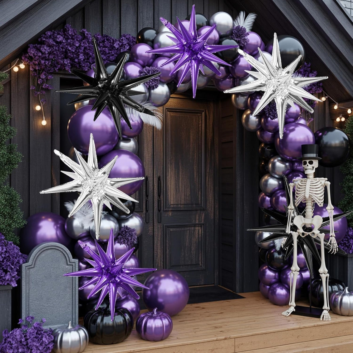 Black Purple Silver Star Balloons,9Pcs 22Inch Black Silver Purple Explosion Spike Cone Helium