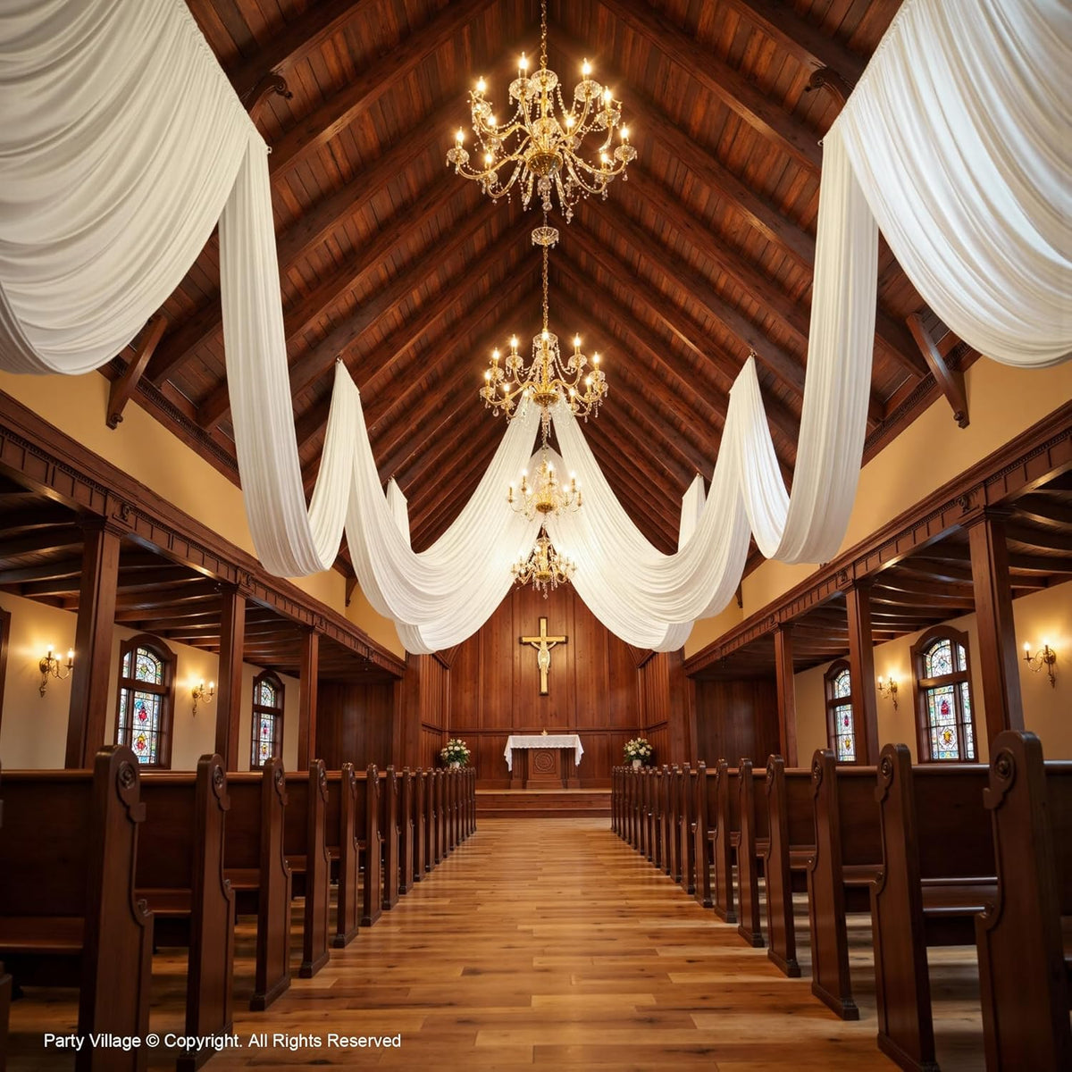 PartyVillage 10ftx40ft White Ceiling Curtain for Wedding Parties – 2 Panels Wrinkle-Free 40 FT Long