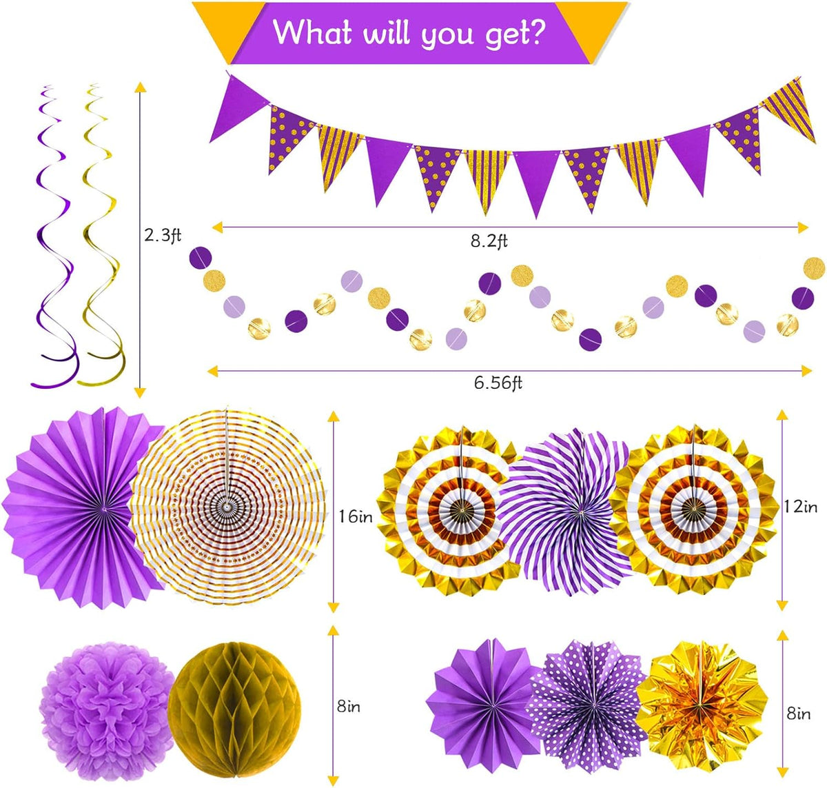 Purple Gold Party Decorations Paper Fans, Graduation Season Hanging Glitter Triangle Flags Banner