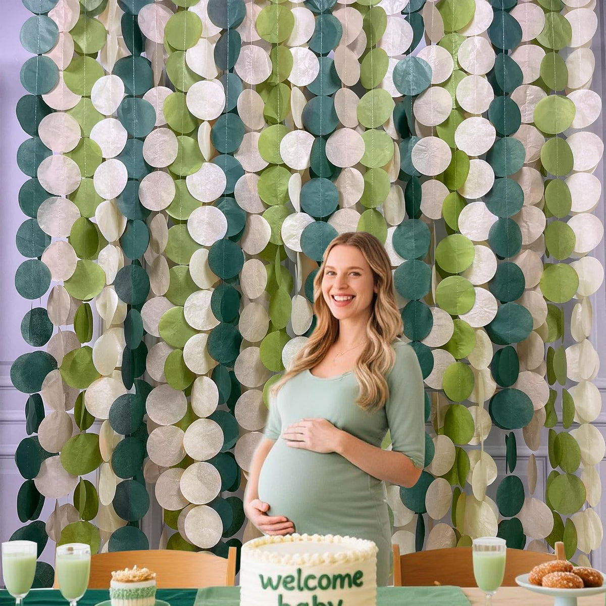 205 Ft Sage Green Party Decorations Oilve Green and Beige Circle Dot Backdrop Garland Tissue Paper