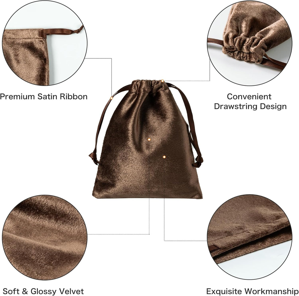 QIANF 12pcs Brown Velvet Drawstring Bags 4x6 inches Glossy Small Velvet Cloth Gift Bags Jewelry