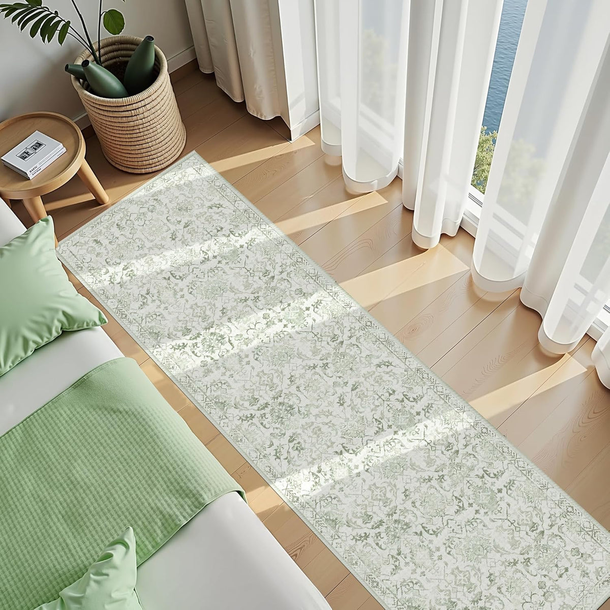 Sage 3x12 Runner Rug for Hallways Bed Side Kitchen, Boho Washable Distressed Low-Pile Floor