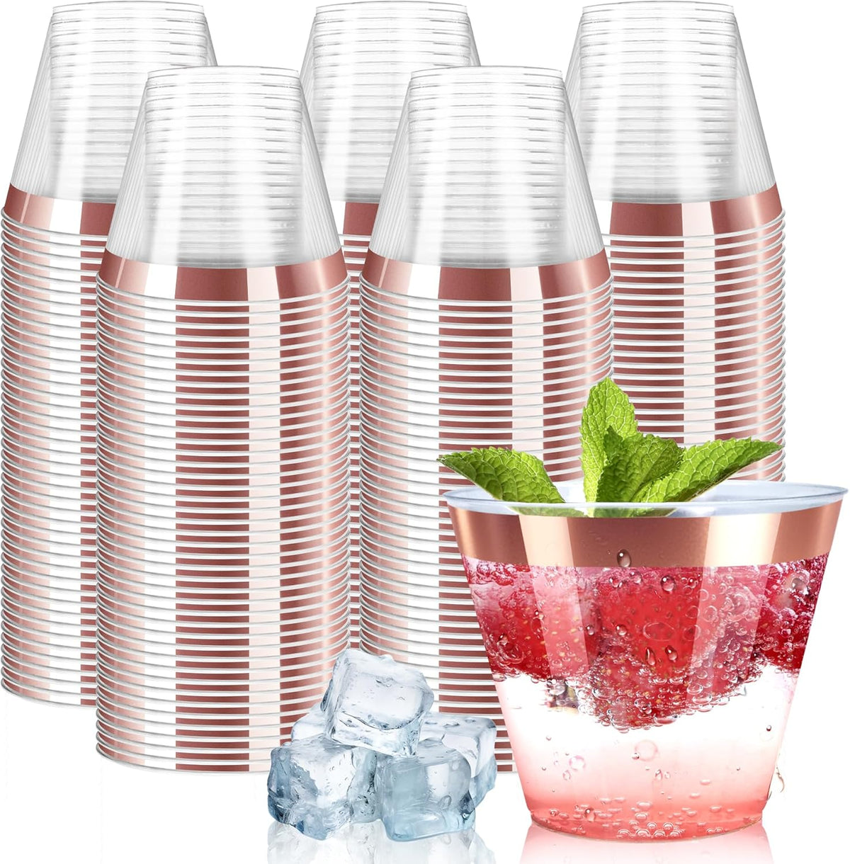 [200 Pack] 9oz Clear Plastic Cups with Rose Gold Rimmed Sturdy & Food Safe Disposable Wine Glasses