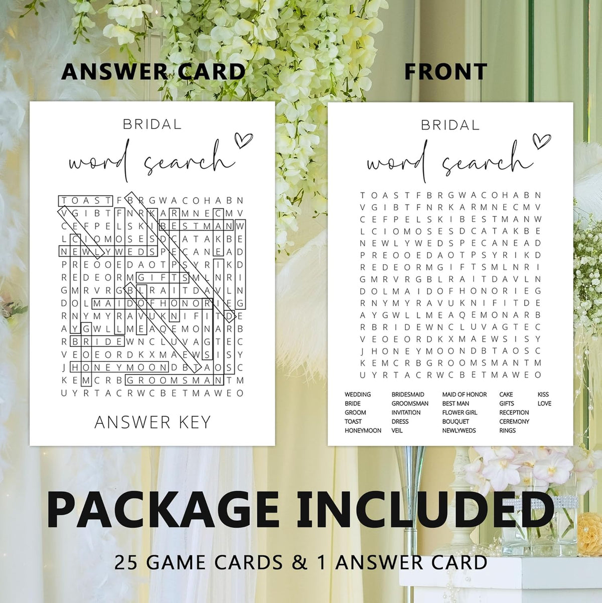 Bridal Shower Games, Word Search, 25Pcs Minimalist White Double-Sided Bridal Game Cards with 1